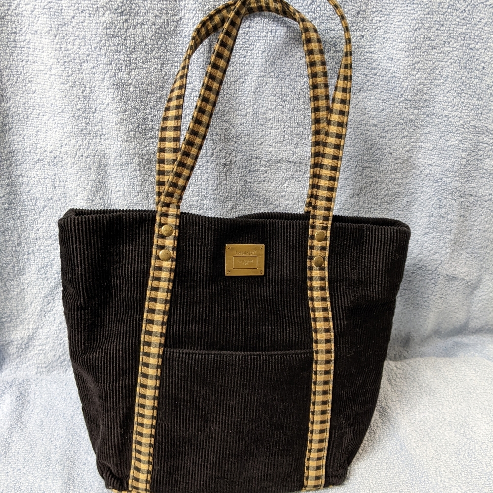 Longaberger Black Corduroy, plaid straps, bottom, lining and trim.